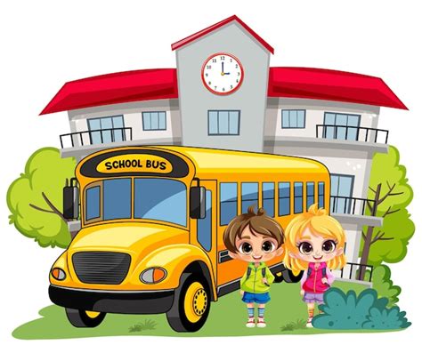 Free Vector | Student with school bus in front of school