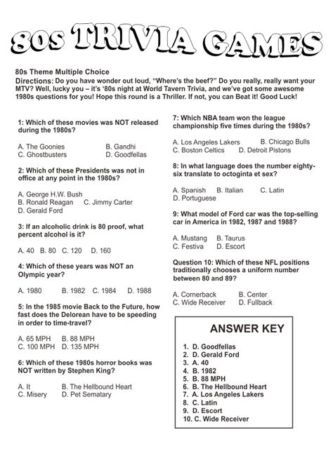 80S Trivia Printable