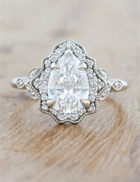 Fiona: Vintage Inspired Pear Diamond Halo Engagement Ring | Ken & Dana ...