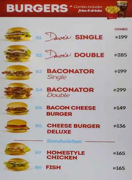 Menu at Wendy's restaurant, Mandaluyong, H3M4+FPF