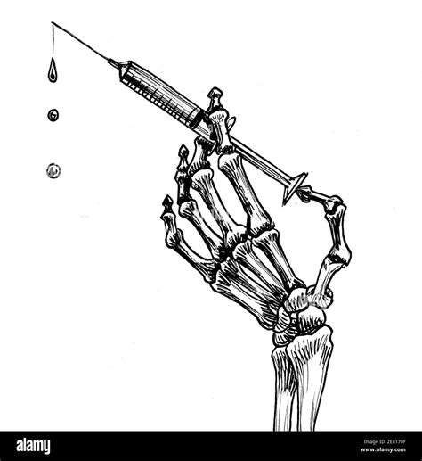 Skeleton hand with a syringe. Ink black and white drawing Stock Photo ...