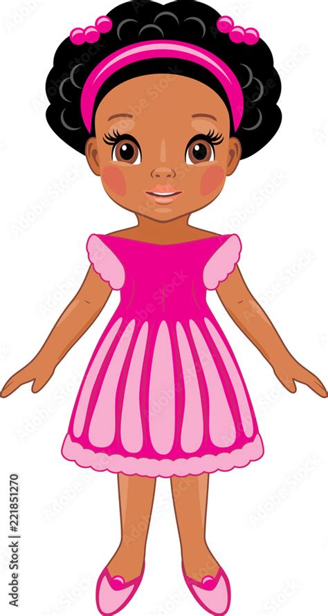 Fashionable afro little girl in pink dress. Cartoon drawing Stock ...