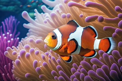 Tropical Fish Clownfish Swimming Over a Coral Reef with Anemones Stock ...