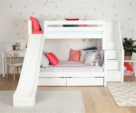 Maxtrix Twin over Full Staircase Bunk Bed with Slide (White, Natural ...