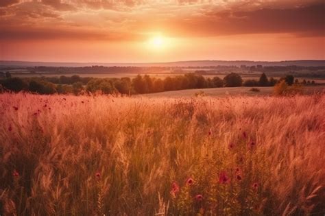 Premium AI Image | A field of tall grass with a sunset in the background