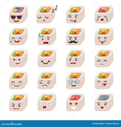 Sashimi Emoji Vector Set. Emoji Sushi with Faces Icons Stock Vector ...