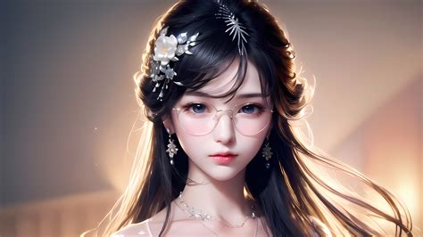 Spectacles Ai Art Earring Asian Women Long Hair Glasses Flower In Hair ...