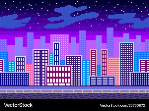 Pixel art night city seamless background detailed Vector Image