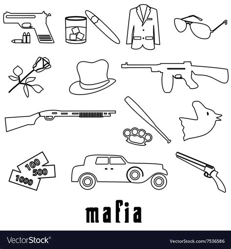 Mafia criminal black outline symbols and icons set