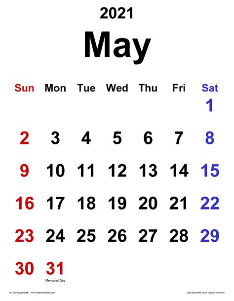 May 2021 Calendar | Templates for Word, Excel and PDF