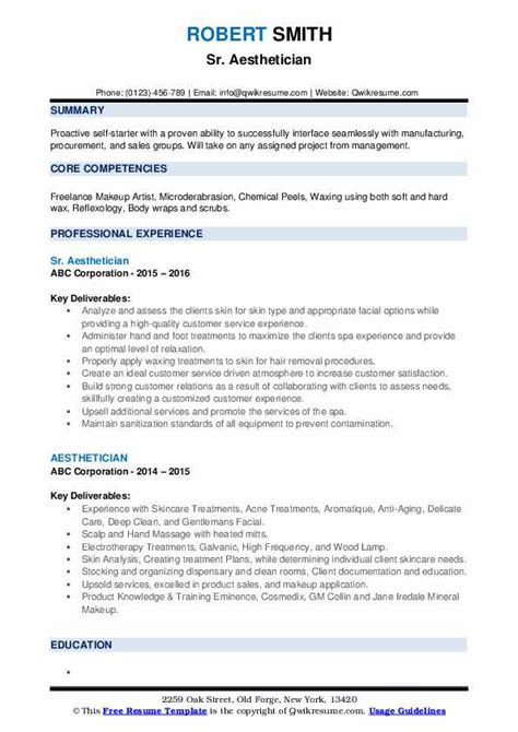 Aesthetician Resume Samples | QwikResume