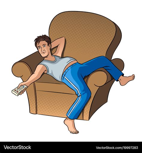 Lazy guy watching tv pop art style Royalty Free Vector Image