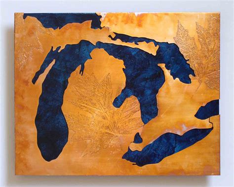 Copper map art Great Lakes Michigan blue & copper artwork