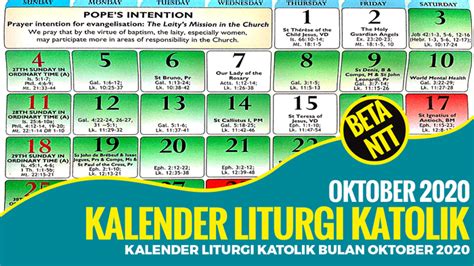 Kalender Liturgi Katolik Bulan Oktober 2020