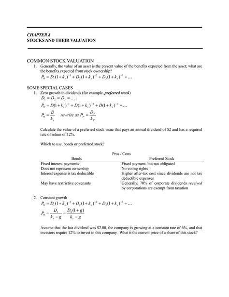 COMMON STOCK VALUATION CHAPTER 8 STOCKS AND THEIR VALUATION