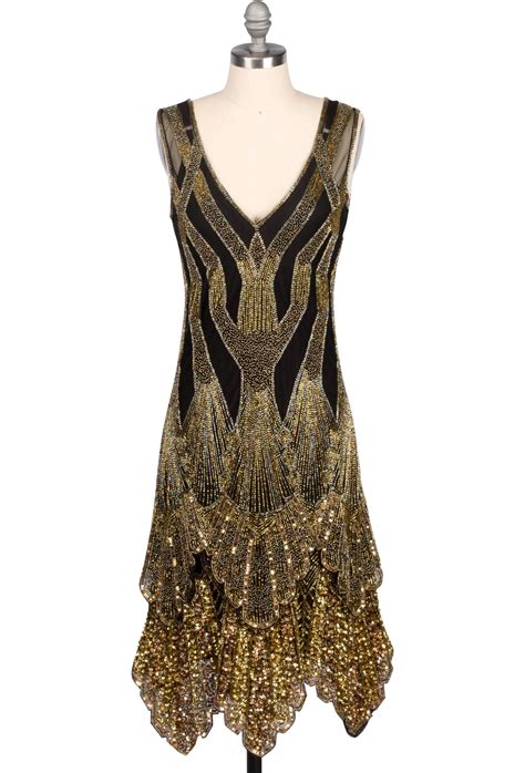 1920's HANDKERCHIEF SCALLOP PANEL ART DECO GOWN - GOLD ON BLACK - THE ...