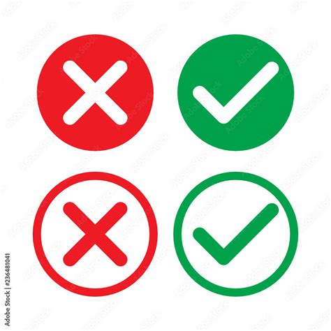 Set of check mark icons. rounded green tick and red cross in circle ...