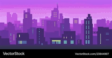 Pixel art neon night city with buildings panorama Vector Image