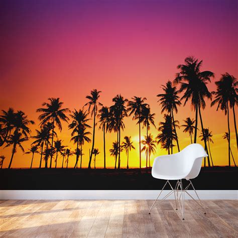 Sunset and Palm Trees Silhouette Mural Wallpaper