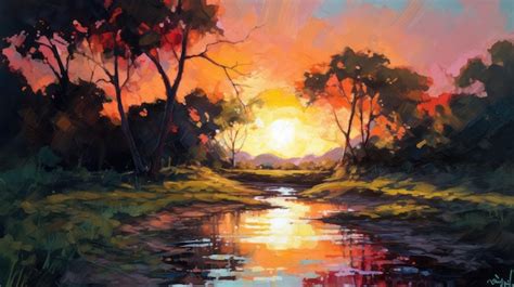 Premium AI Image | A painting of a river with a sunset in the background.