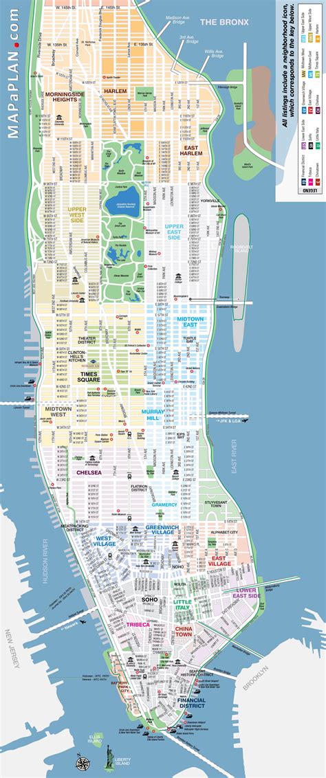 Manhattan streets and avenues must-see places - New York map | Map of ...