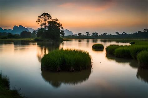 Premium AI Image | a sunset with trees and a lake with a sunset in the ...