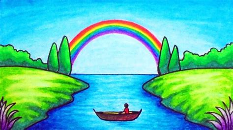 How to Draw Easy Scenery | Drawing Rainbow on the River Scenery Step by ...