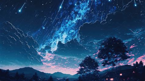 Starry Night Sky Clouds Anime Art 4K #90j Wallpaper PC Desktop