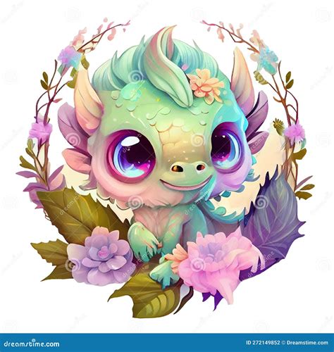 Fantasy Cute Baby Pastel Dragon with Flower Stock Photo - Image of ...