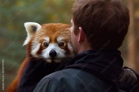 Cute red panda face portrait close-up. Wild fluffy red panda hugging ...