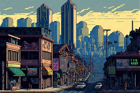 Pixel art city landscape with with buildings, houses, streets, trees ...