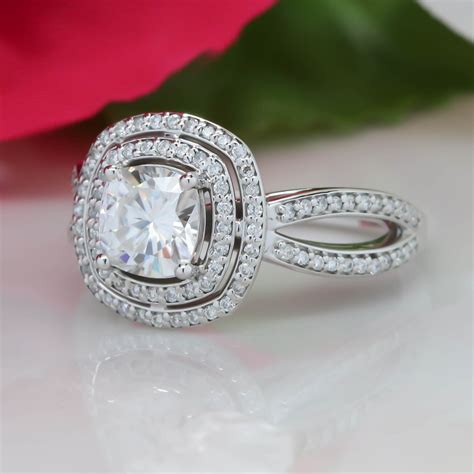 Cushion Cut Engagement Ring Double Halo Diamond Setting Mois