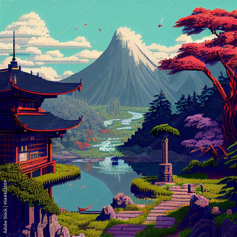 Pixel Art Illustration of a Japanese Landscape Generative Stock ...