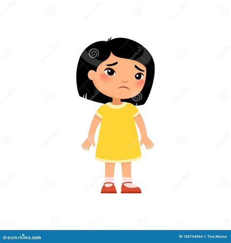 Sadness Little Asian Girl Flat Vector Illustration. Upset Child ...