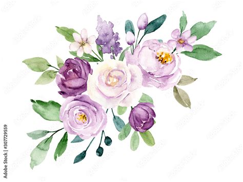 Violet flowers watercolor, floral clip art. Bouquet roses perfectly for ...