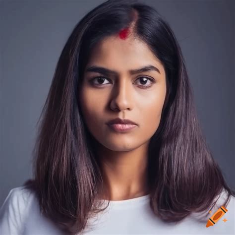 A photo portrait of an indian woman wearing white t-shirt, soft neutral ...