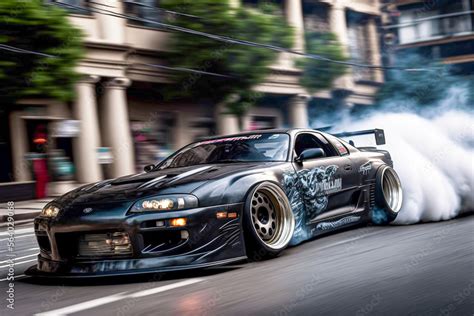 Tuned Toyota Supra drifting through Los Angeles. Generative AI. Stock ...