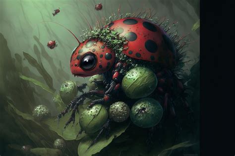 Premium Photo | Ladybug is eating aphids in lovecraftian style digital ...