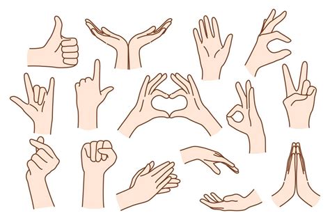 Set of person hands show different hand gestures expressing thoughts ...