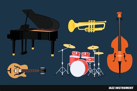 Instruments for jazz. Piano, Trumpet, Guitar, Drums, Double Bass ...