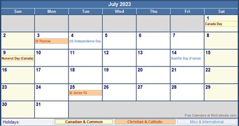 July 2023 Canada Calendar with Holidays for printing (image format)