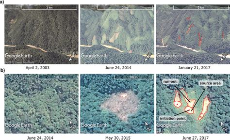 Examples of deforestation followed by landsliding. The left column ...