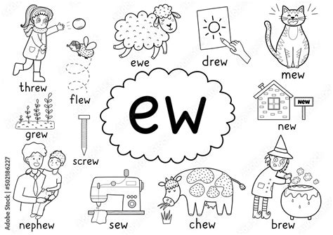 -Ew- digraph spelling rule black and white educational poster for kids ...