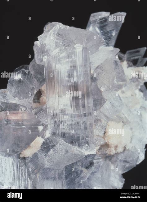 Gypsum crystals. Gypsum, hydrated calcium sulphate (formula: CaSO4.2H2O ...