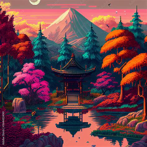 Pixel Art Illustration of a Japanese Landscape Generative Stock ...