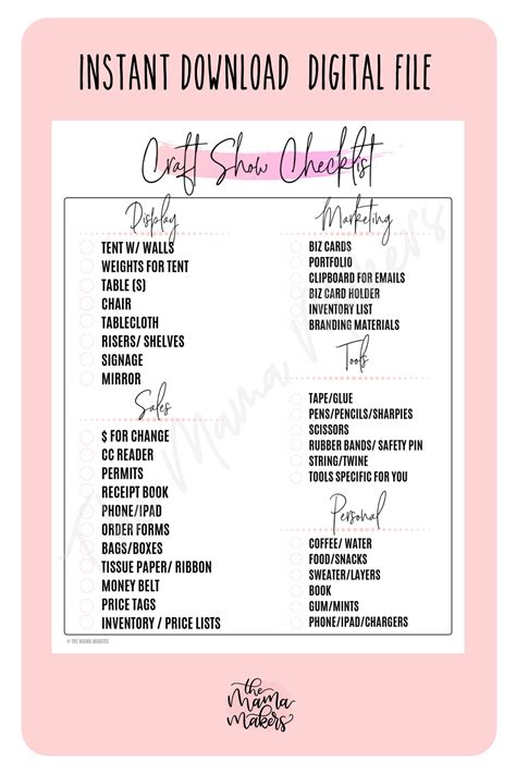 Craft Show Checklist Printable Instant Download Digital File Craft Fair ...