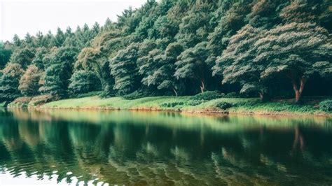 Premium Photo | A lake with trees in the background