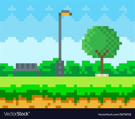 Pixel art game nature landscape with trees bushes Vector Image