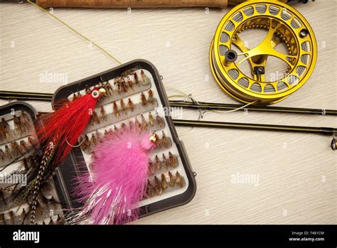 Fly fishing equipment, close up Stock Photo - Alamy