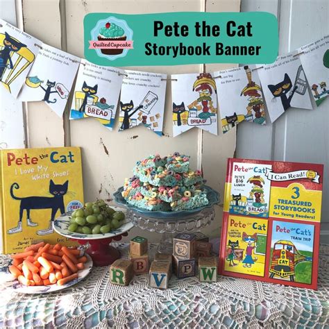 there is a cat storybook banner on the table with other books and toys ...